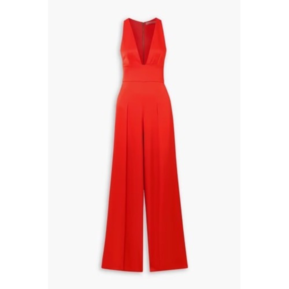 Alice & Olivia NWT Myrtle Pleated‎ Wide-Leg Satin Jumpsuit Tomato Red